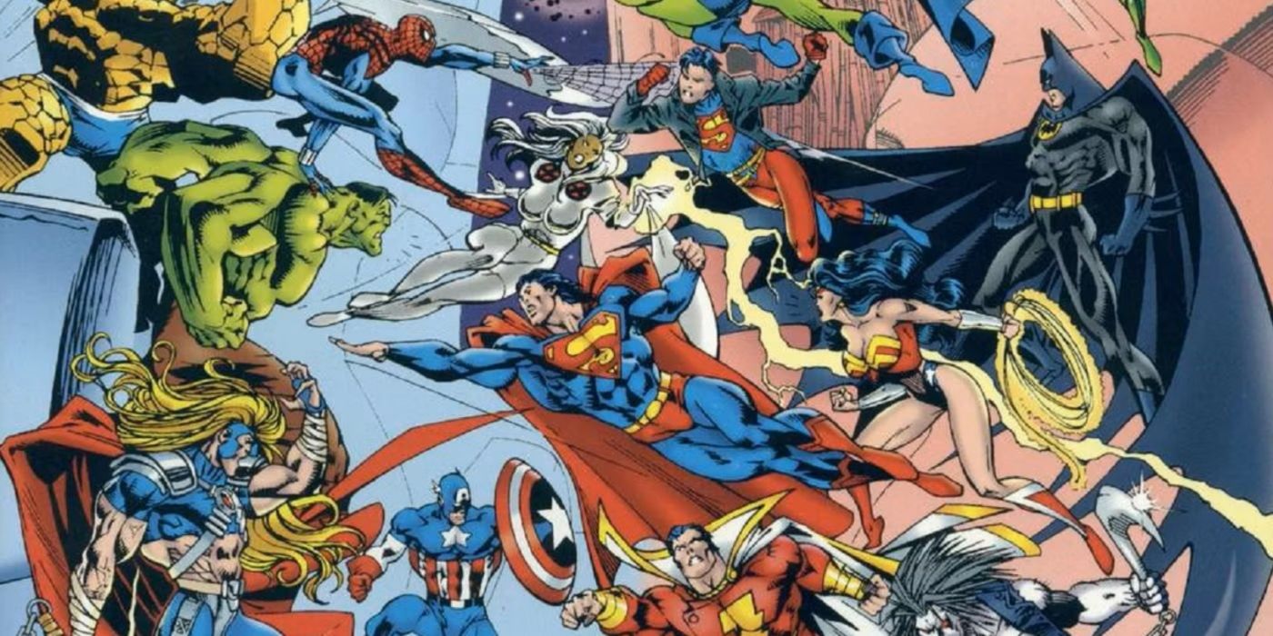 Arte de história em quadrinhos da DC vs. Marvel apresentando uma colagem dos dois grupos de heróis se enfrentando.