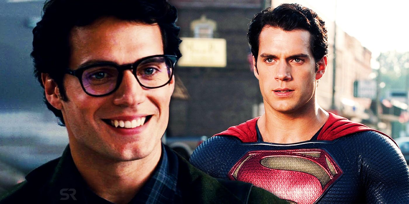 Clark Kent (Henry Cavill) flashing a toothy smile; Superman stares at an unseen threat