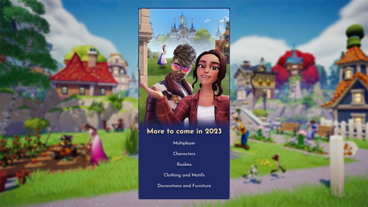 Disney Dreamlight Valley 2023 roadmap segment showing two players and Belle in the background.