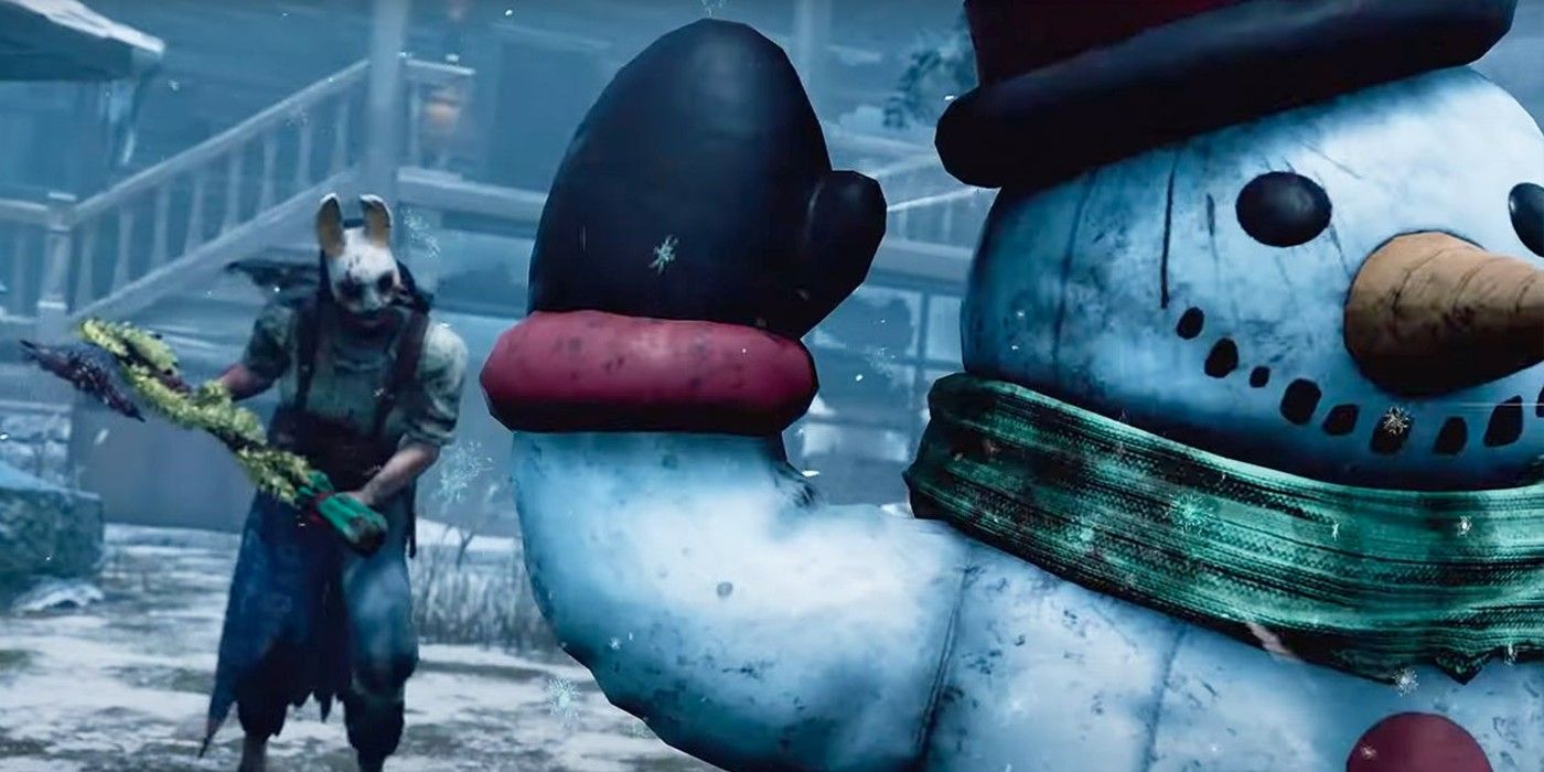 The Huntress approaching a snowman from behind in Dead by Daylight