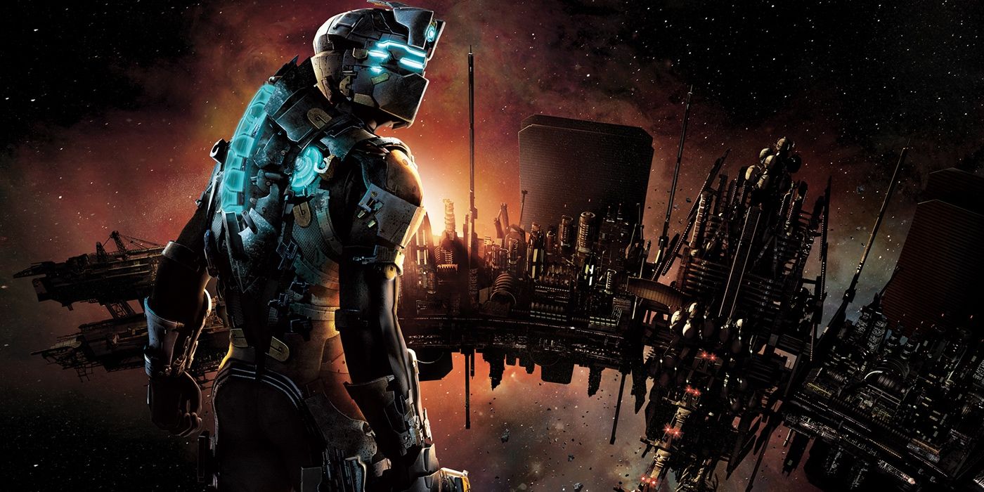Image of Isaac Clarke in Dead Space 2, standing in front of the Sprawl, an orbital station where the game takes place.