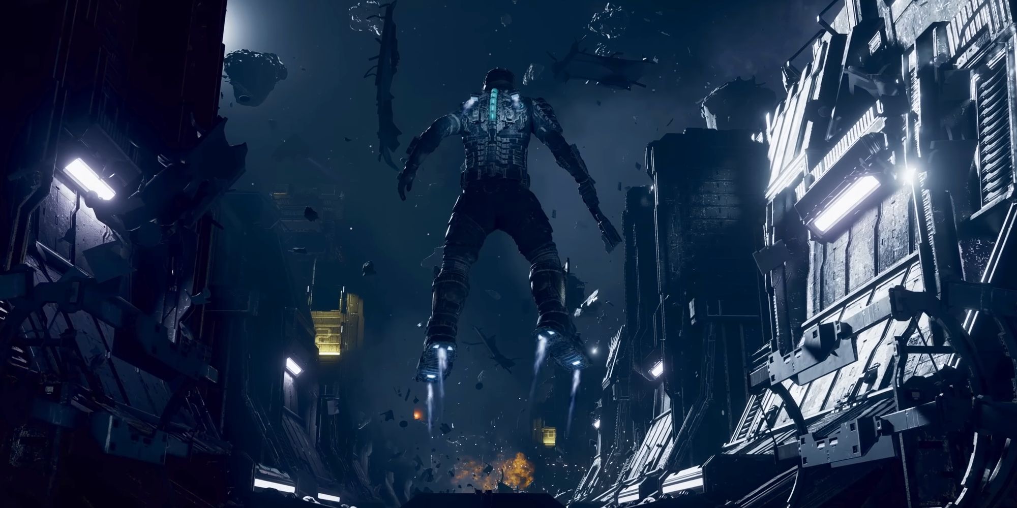 Dead Space Remake's main character Isaac is seen floating in space while wearing his engineering armor. Space debris and large metal towers surround him while an explosion can be seen in the distance.