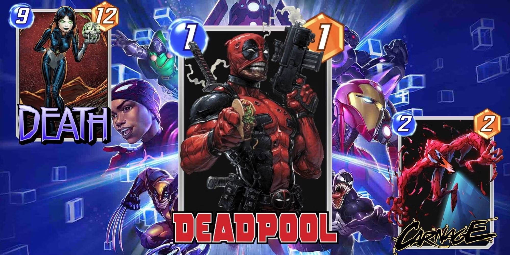 Marvel Snap Deadpool, Death, and Carnage Variant Cards with Power and Energy Displayed with Main Promotional Image in the Background