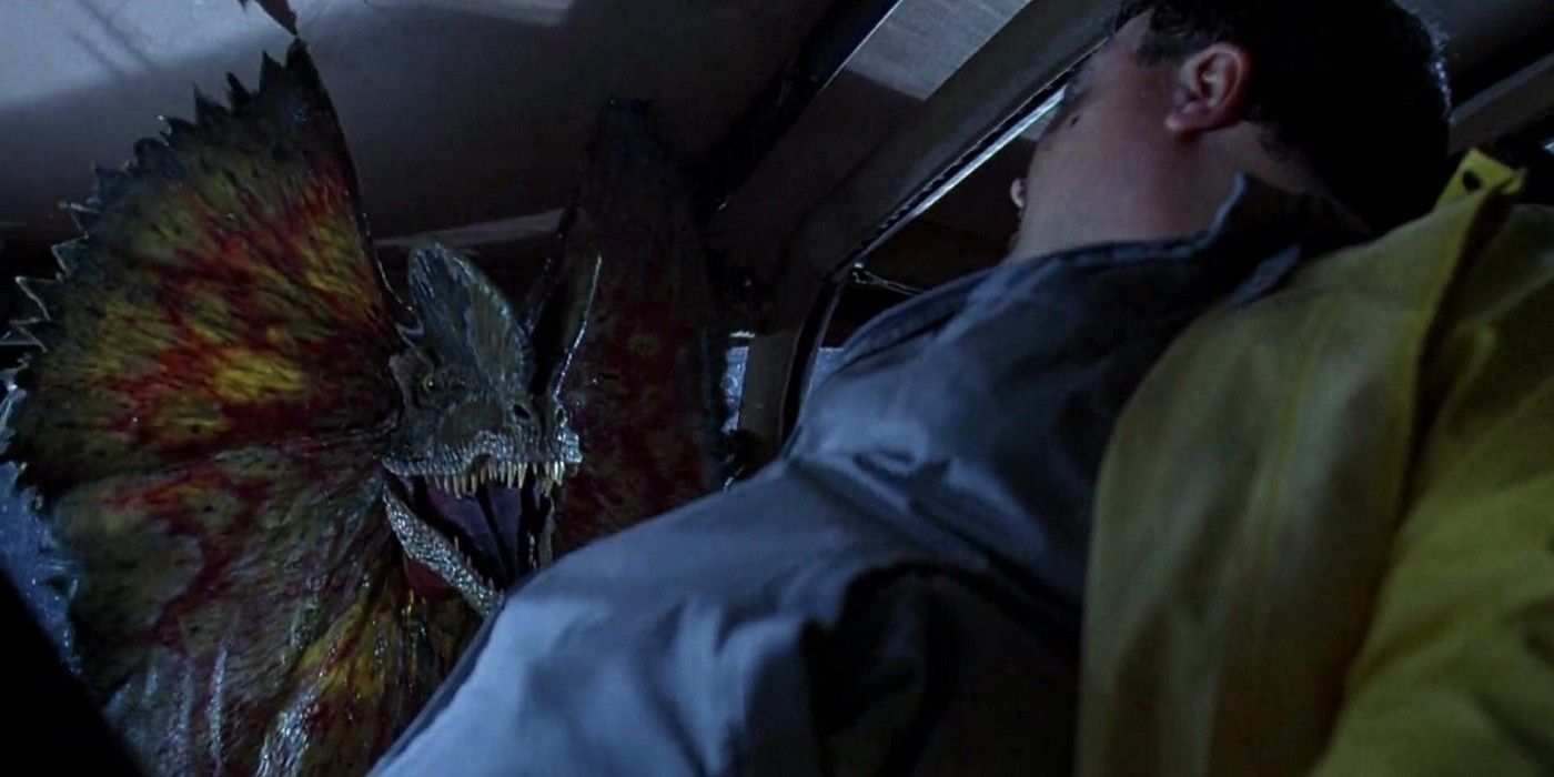 Dennis Nedry and the Dilophosaurus in Jurassic Park