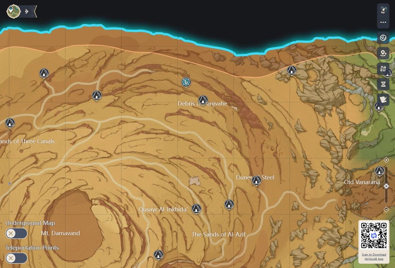 Desert of Hadramoveth's fishing spot in Genshin Impact, as seen in HoYoLAB's interactive map.