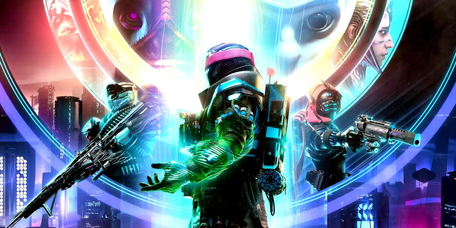 Destiny 2: Lightfall's key art, showing the three Guardian classes in their new armor sets with the retrowave Neptunian city in the background as they are watched by Calus and The Witness.