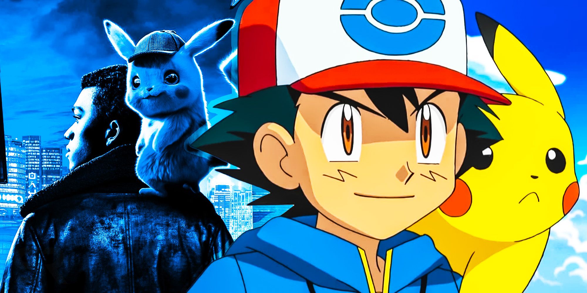 Tim no pôster de Detetive Pikachu e Ash Ketchum