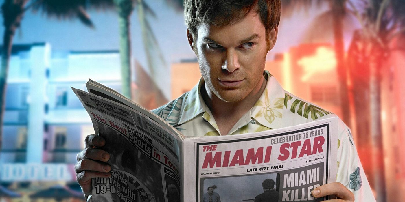 Serial killer Dexter Morgan reads an article about his own killings in the Miami Star newspaper, with a colourful Miami backdrop behind him.