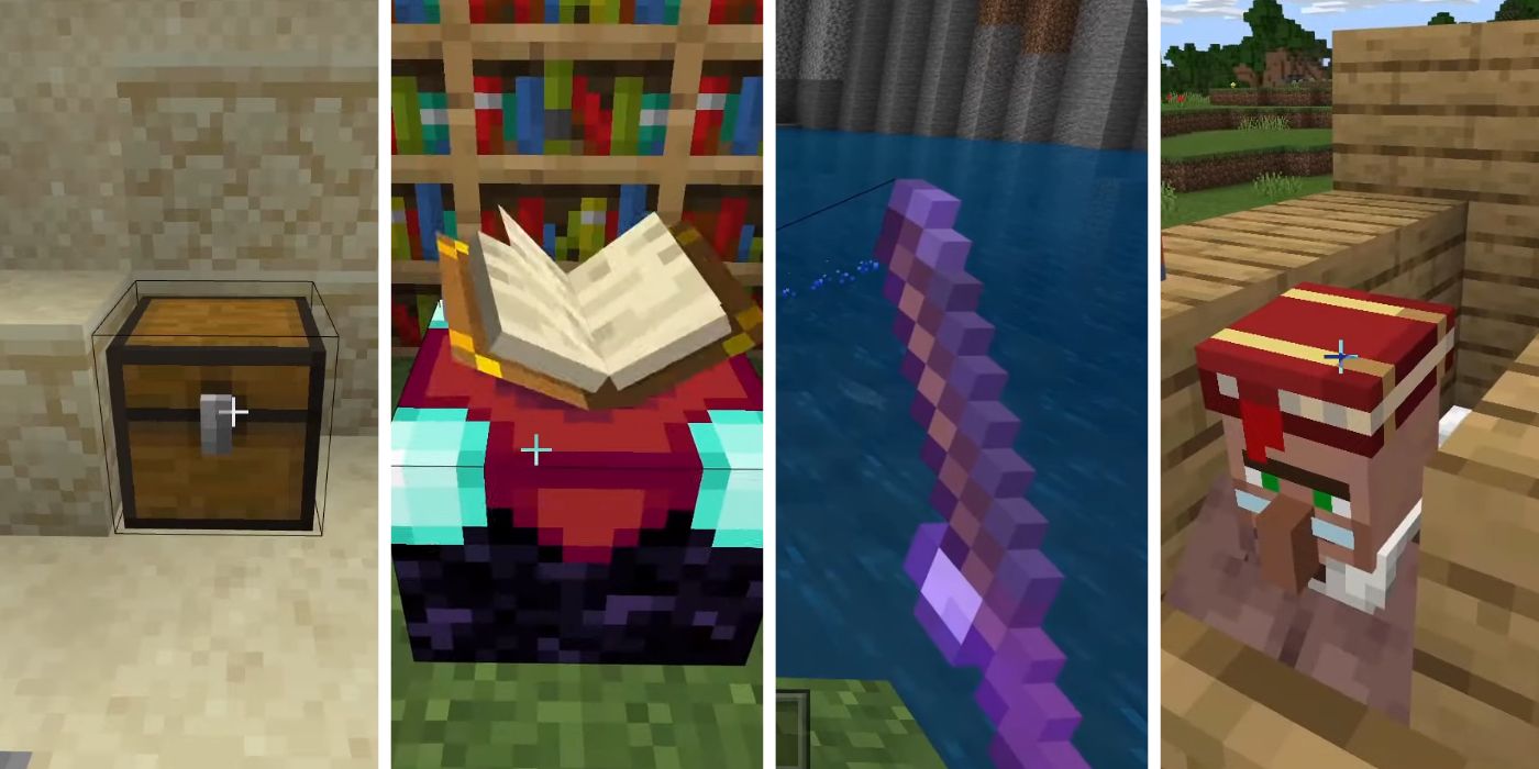 Diferentes técnicas para encontrar o encantamento do infinito no Minecraft Chest Loot Enchanting Table Fishing and Villager Librarian