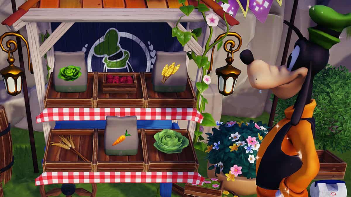 Pateta vende sementes, frutas, trigo e vegetais em sua barraca no Disney Dreamlight Valley