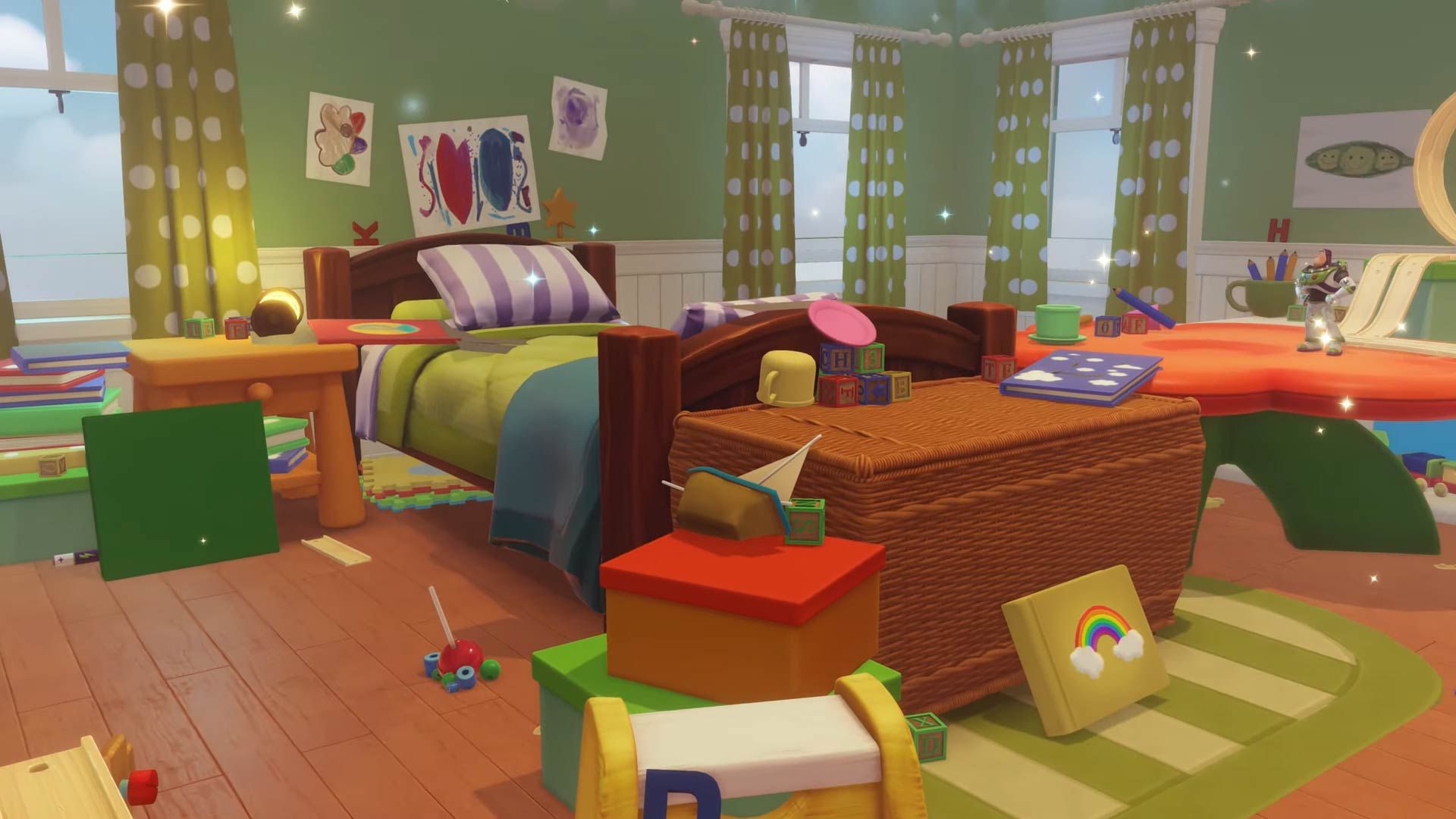 Uma captura de tela do quarto de Bonnie, também conhecido como Toy Story Realm, no Disney Dreamlight Valley