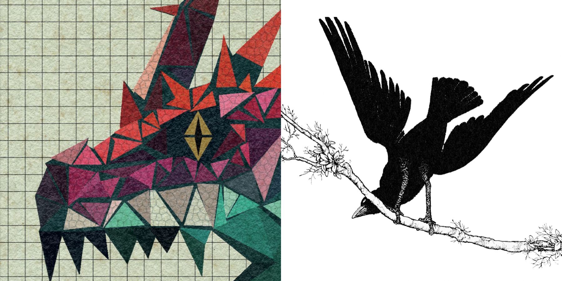 A split image showing promo artwork for two TTRPGs, a polygonal, colorful dragon's head for a dungeon game on the left, and a black and white bird on a brand for Cairn on the right.