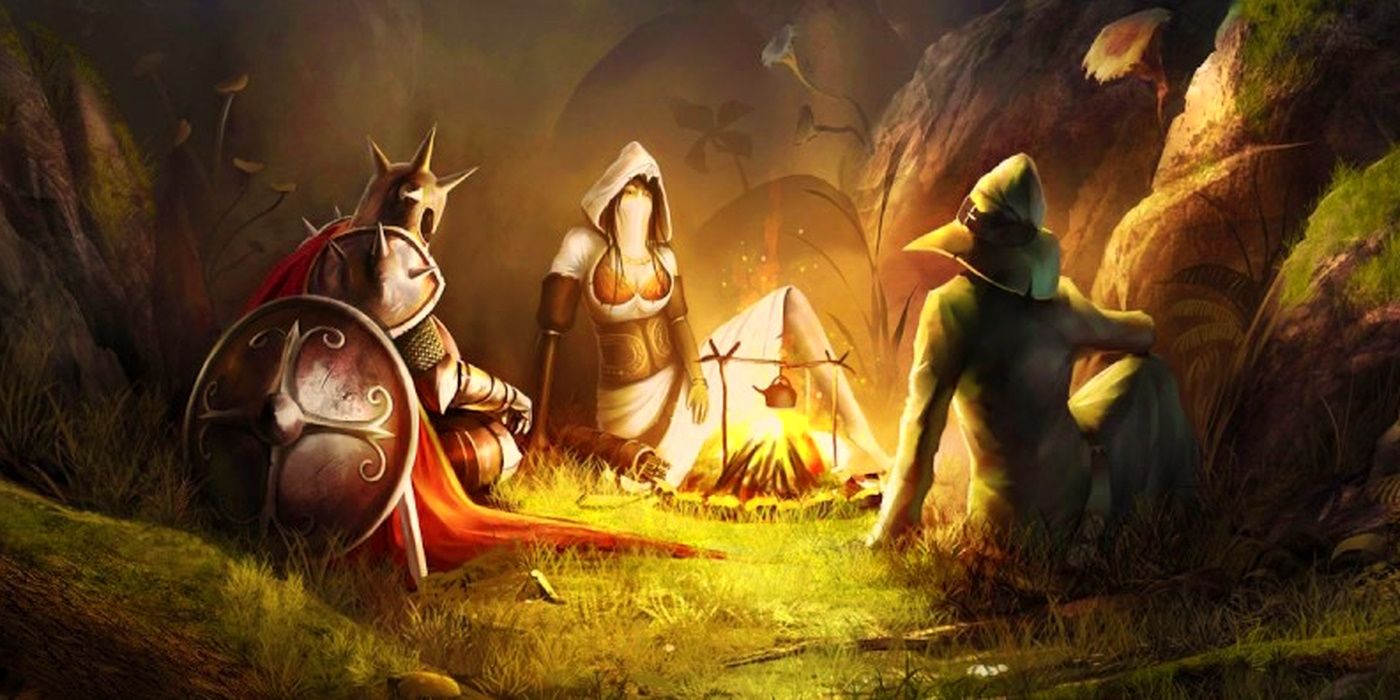 A party of three adventurers around a camp fire in Dungeons & Dragons.