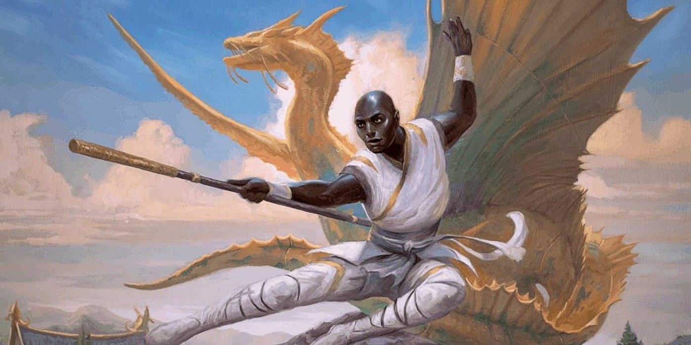 A monk with a staff and dragon in Dungeons and Dragons.