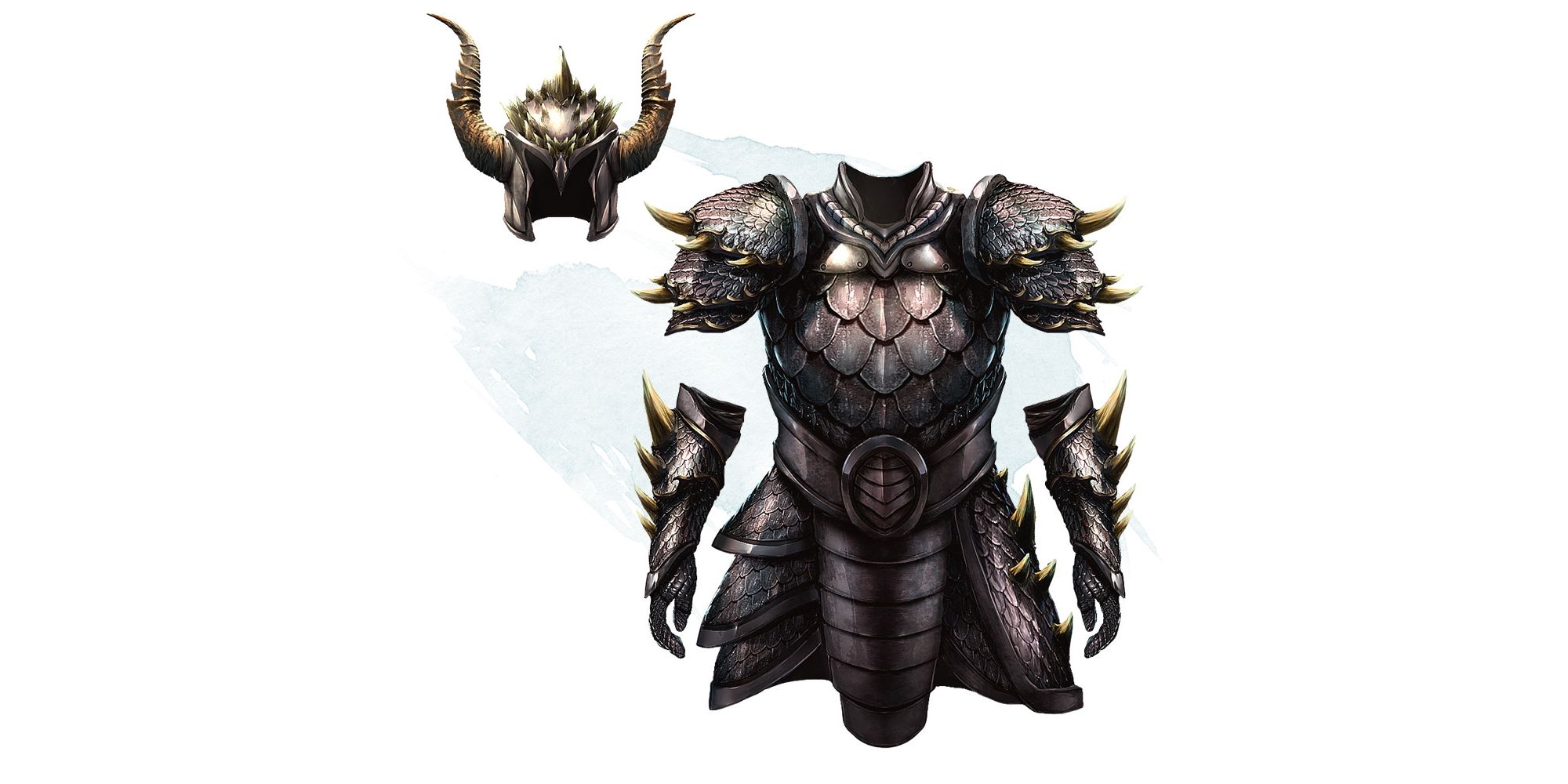 Artwork for DnD's dragon scale mail, dark silver armor adorned with horns.