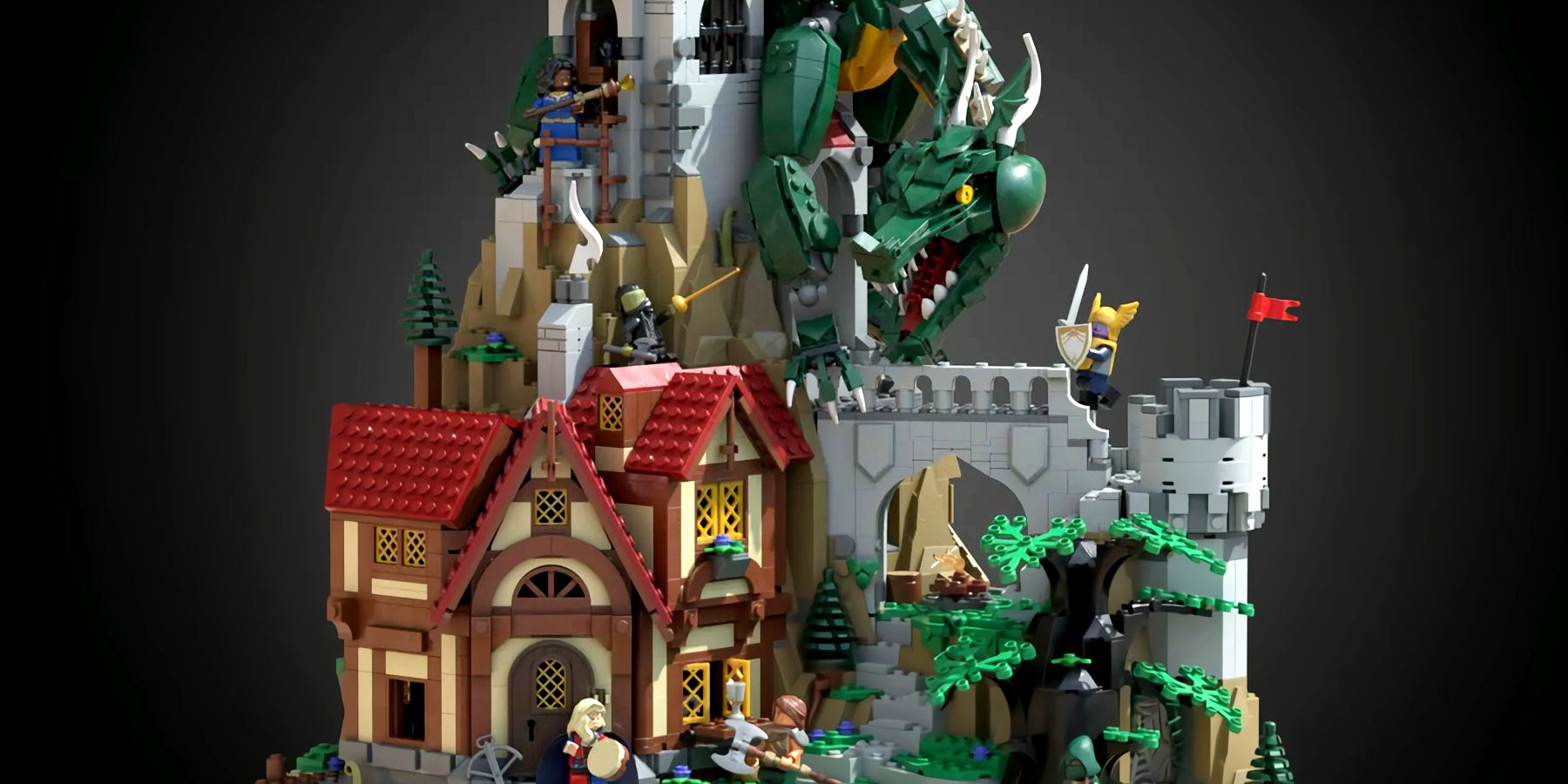 The Dragon's Keep: Journey's End LEGO Ideas set, a prototype build with a green dragon climbing on a stone tower while various LEGO adventurers fight it.