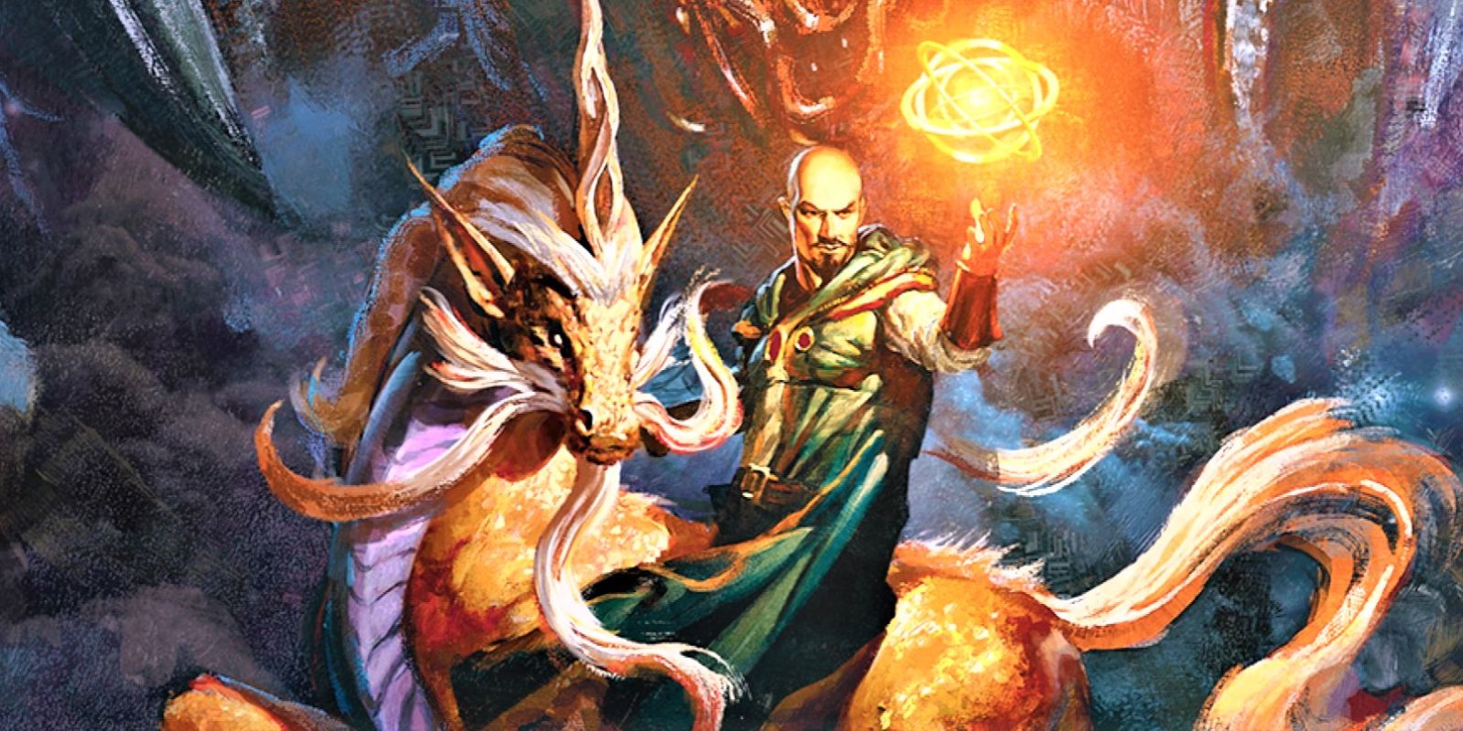 Cover art for D&D's Monsters of the Multiverse sourcebook, showing a sinister looking spellcaster levitating glowing, magical rings next to his unicorn-like mount.
