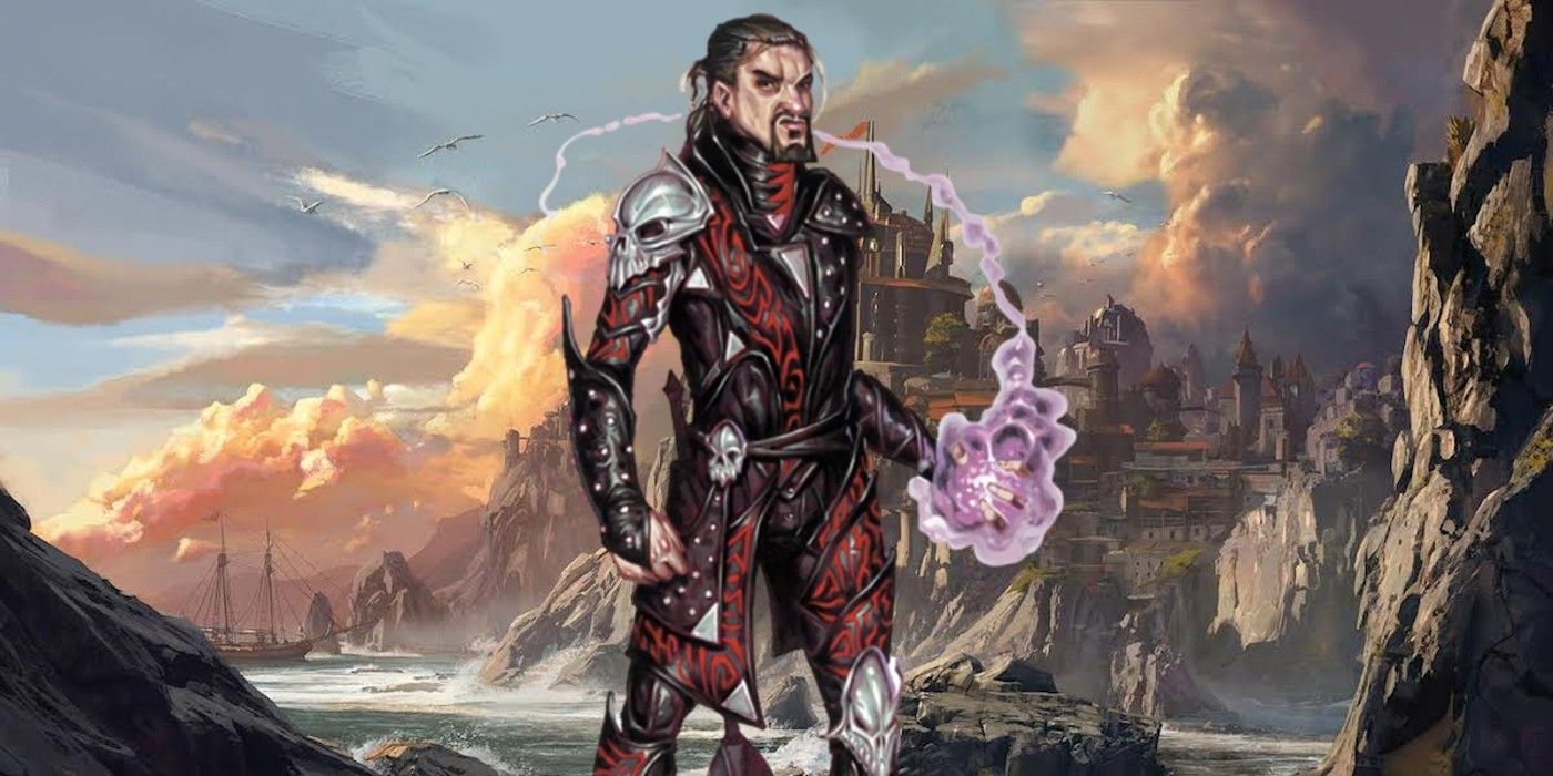 A warlock standing in front of a castle staring into the camera with a spell forming in his hand from Dungeons & Dragons