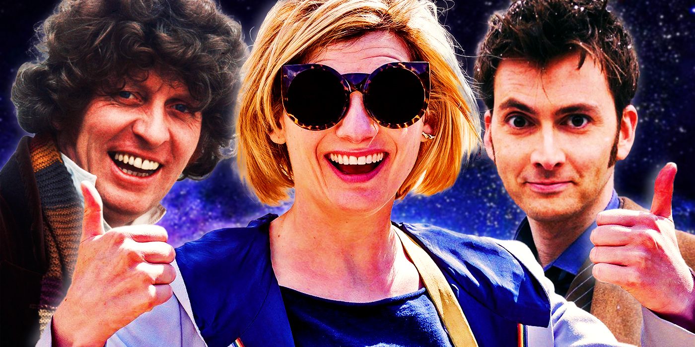 Tom Baker, Jodie Whittaker and David Tennant as Doctor Who