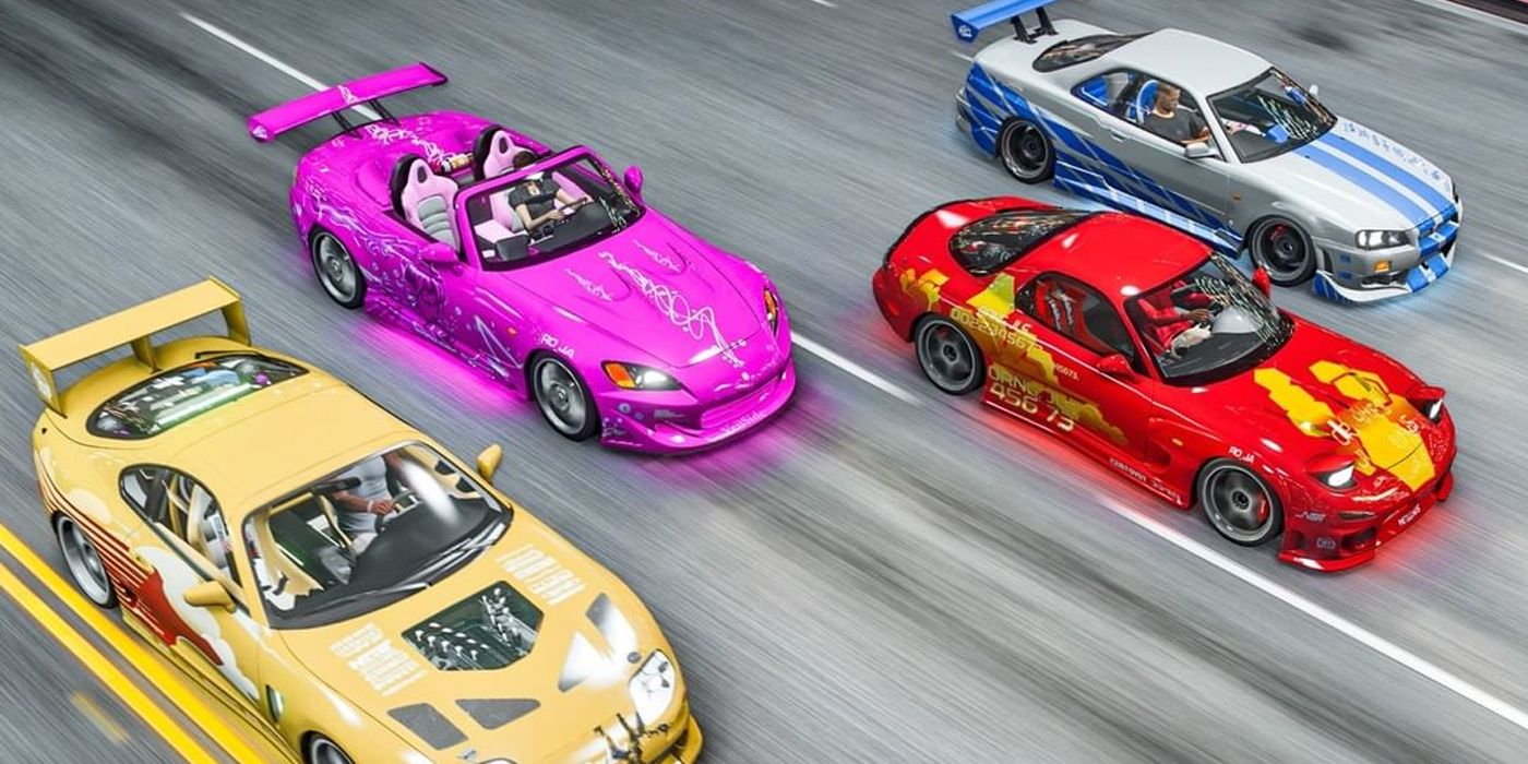 Domestic Mango's recreation of one of 2 Fast 2 Furious' races in GTA 5, with four customized cars speeding down a street.