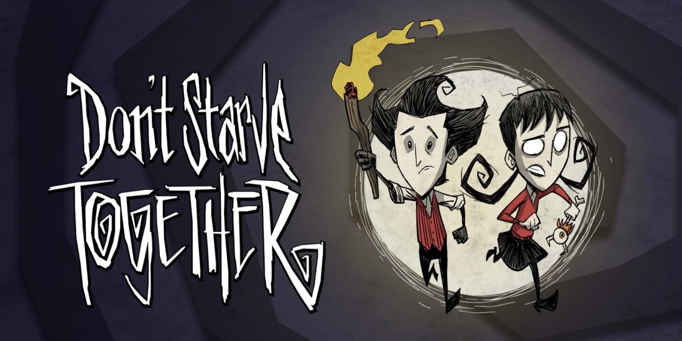 Promo art for Don't Starve Together featuring the two playable characters running through the dark.