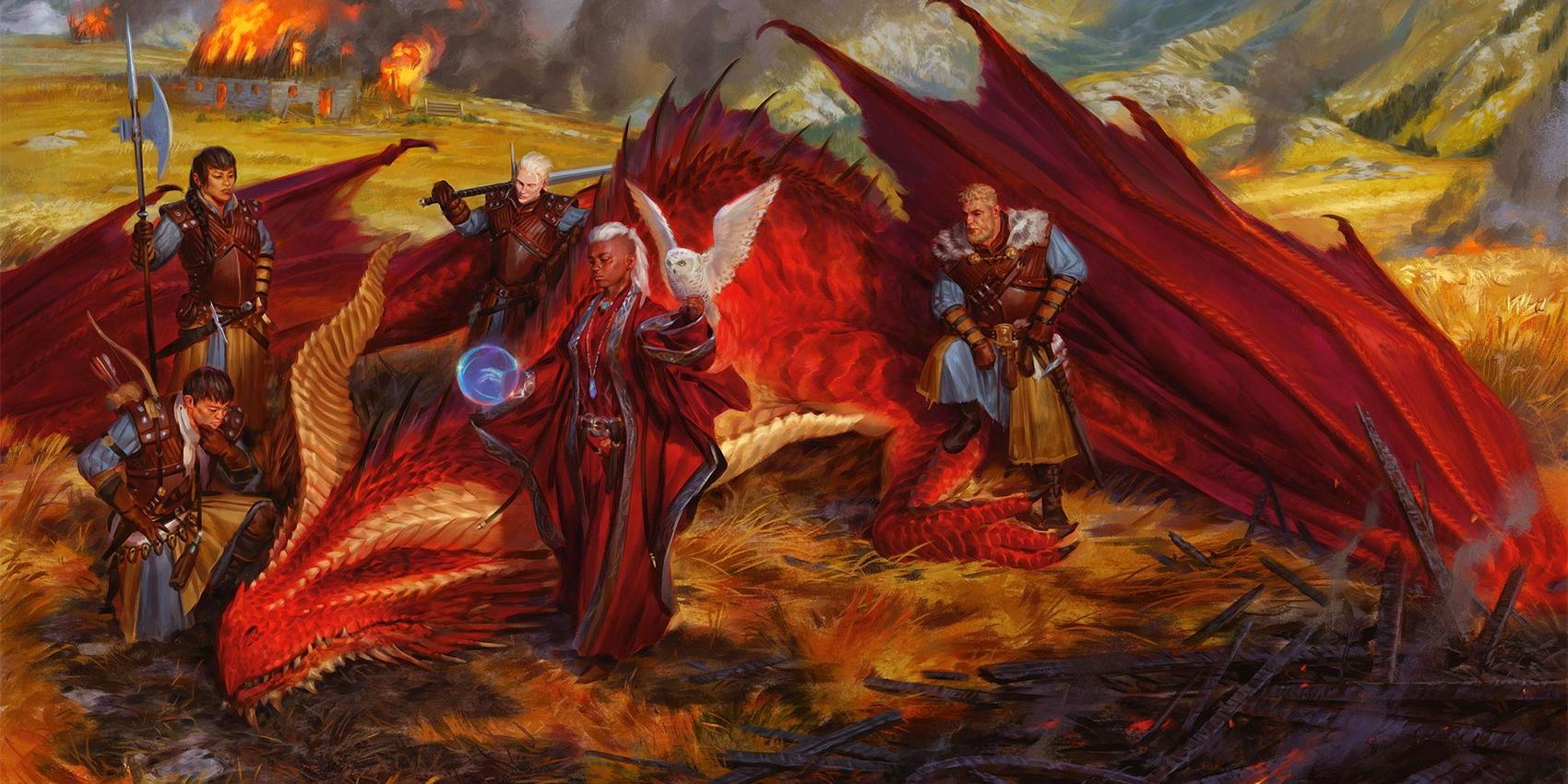 Personagens cercam um dragão vermelho abatido na campanha Dragonlance de Dungeons & Dragon.