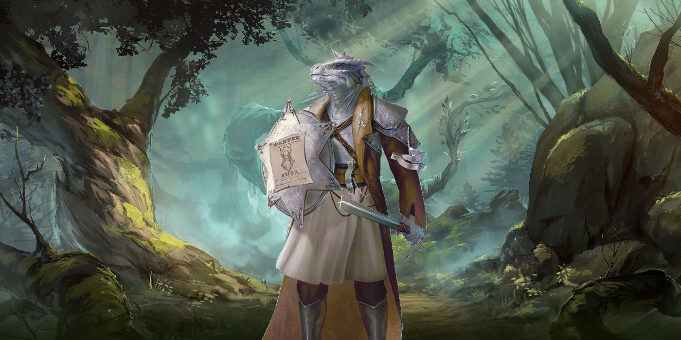 A dragonborn cleric wearing a long duster coat with a forest background.