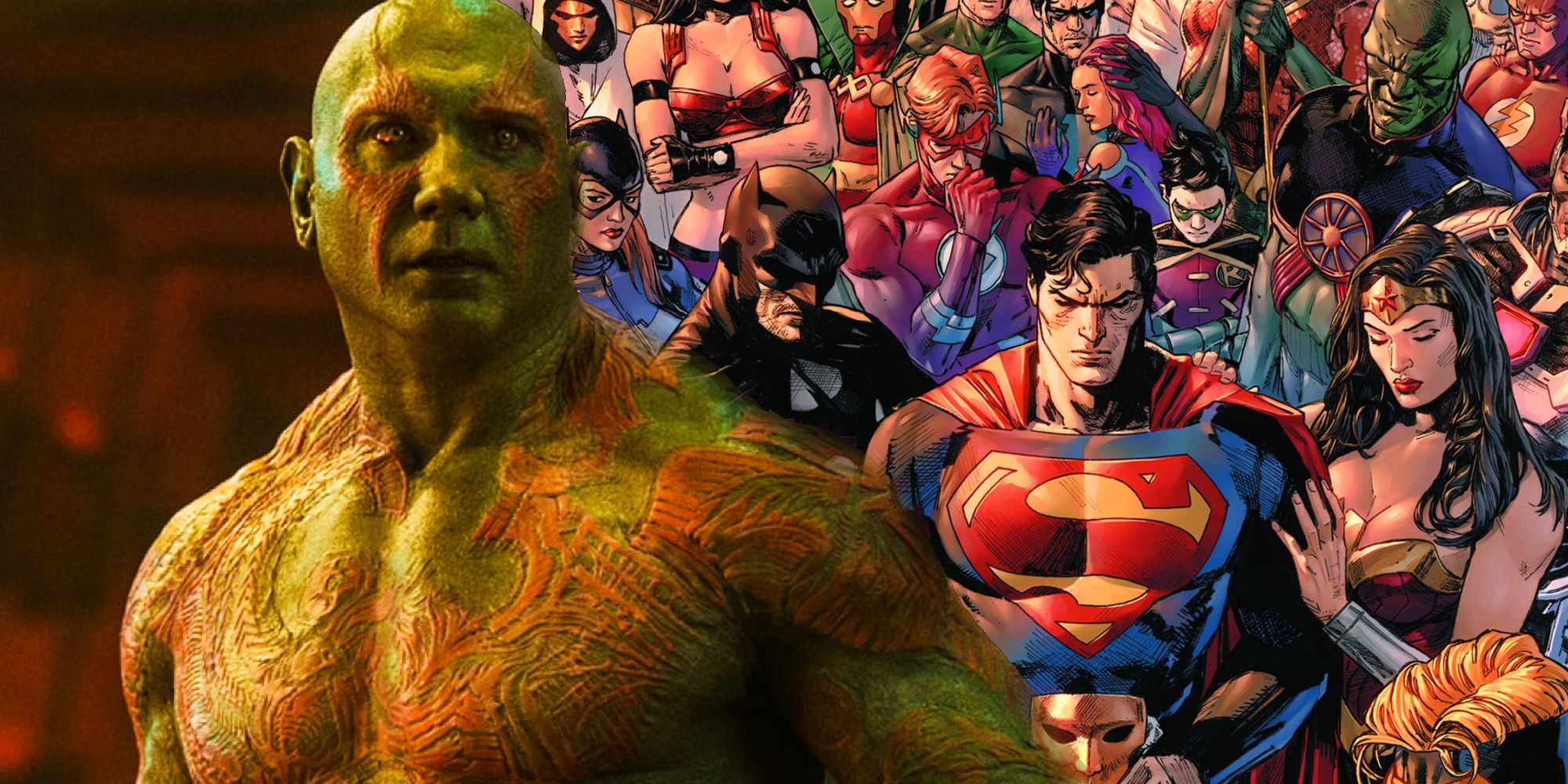 Split Image: Drax (Dave Bautista) looks shocked;  DC Comics Characters United