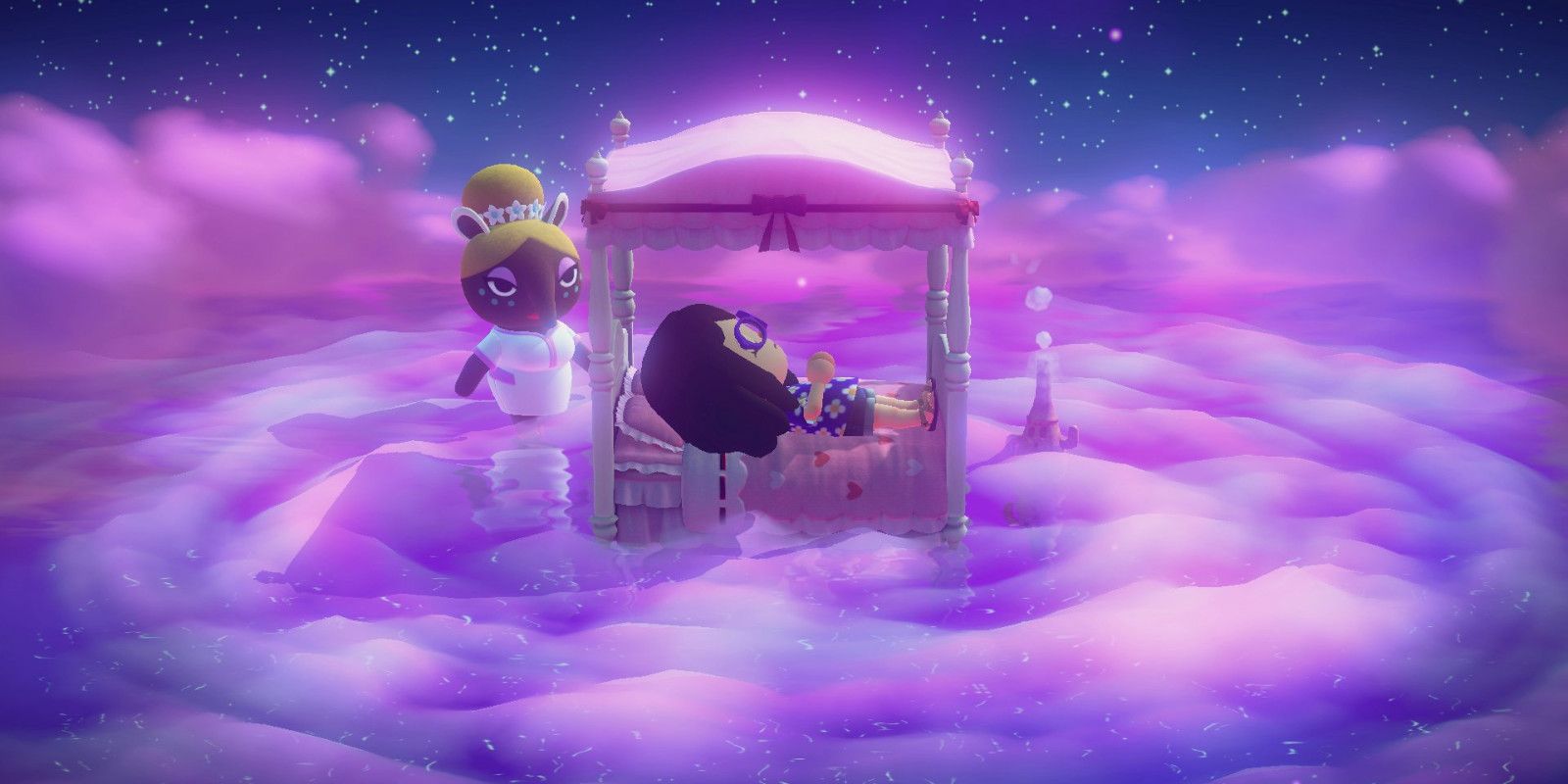 Um aldeão deita na cama ao lado de Luna para ir para uma Ilha dos Sonhos