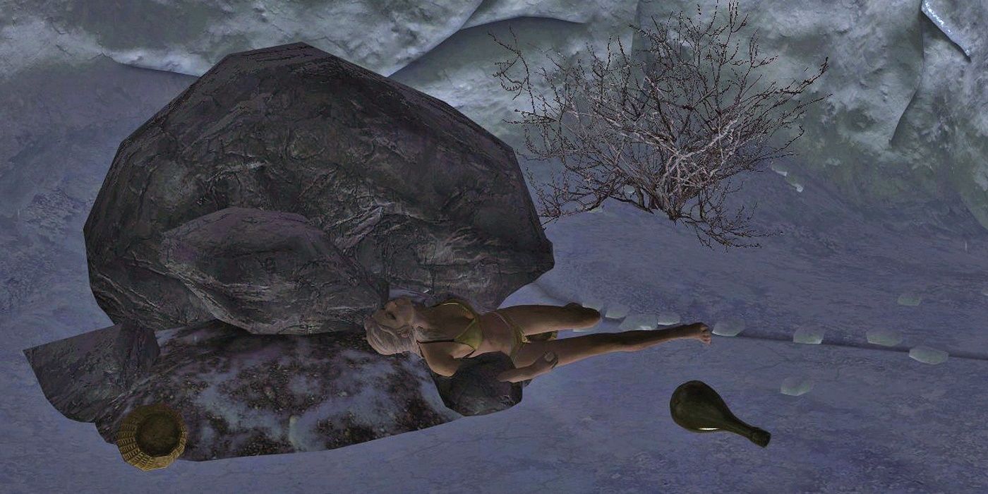 A corpse in Skyrim laying next to a boulder and an empty bottle.