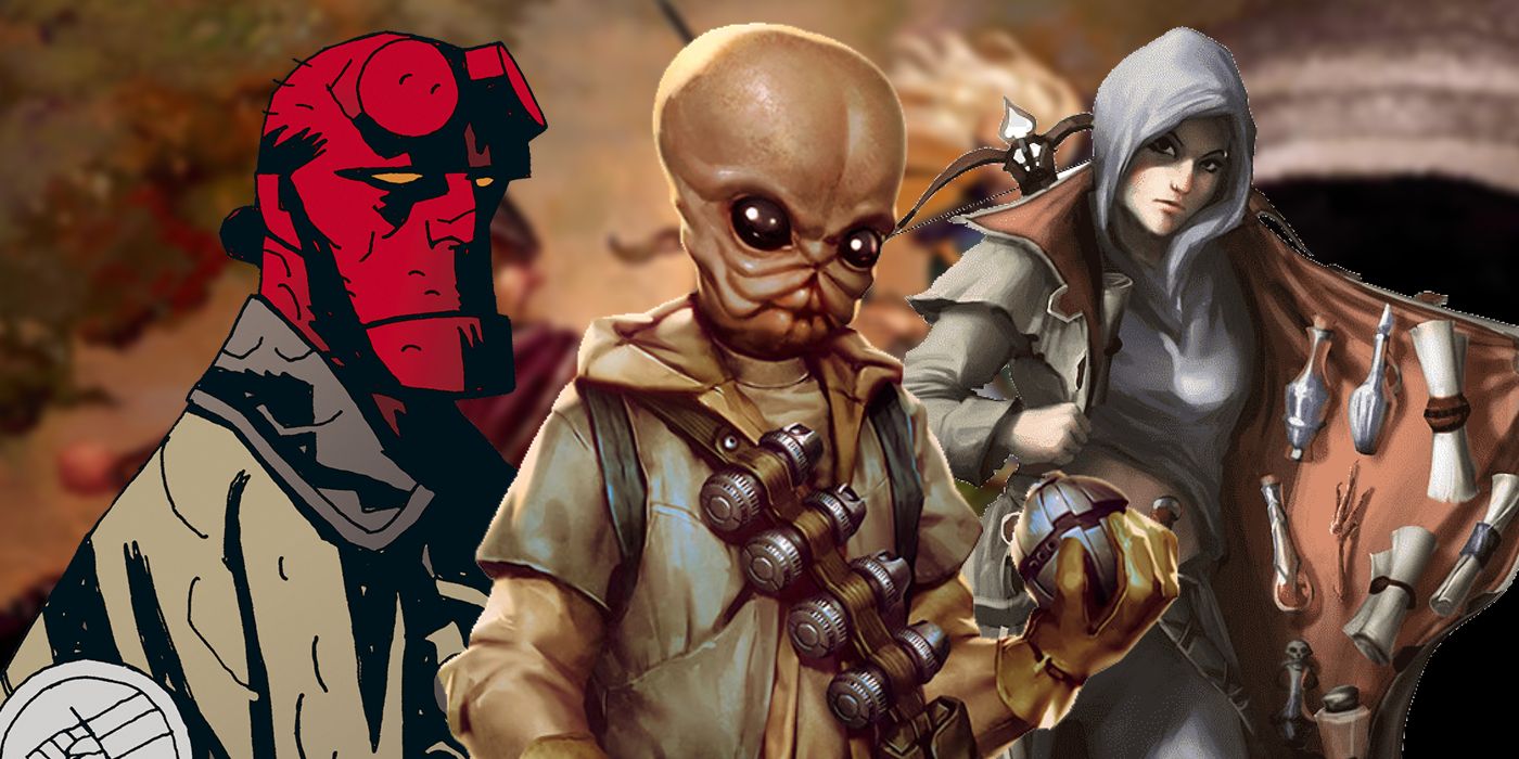 Hellboy, a Bith Rebel Alliance soldier from Star Wars, and a hunter from Pathfinder stood next to each other against a blurred Dungeons & Dragons background showing a fight between a villainous and heroic figure.