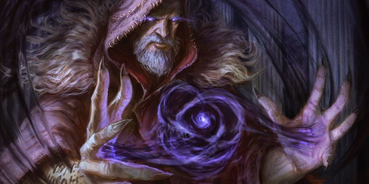 An old wizard with glowing eyes casts a spell with purple energy between his hands.