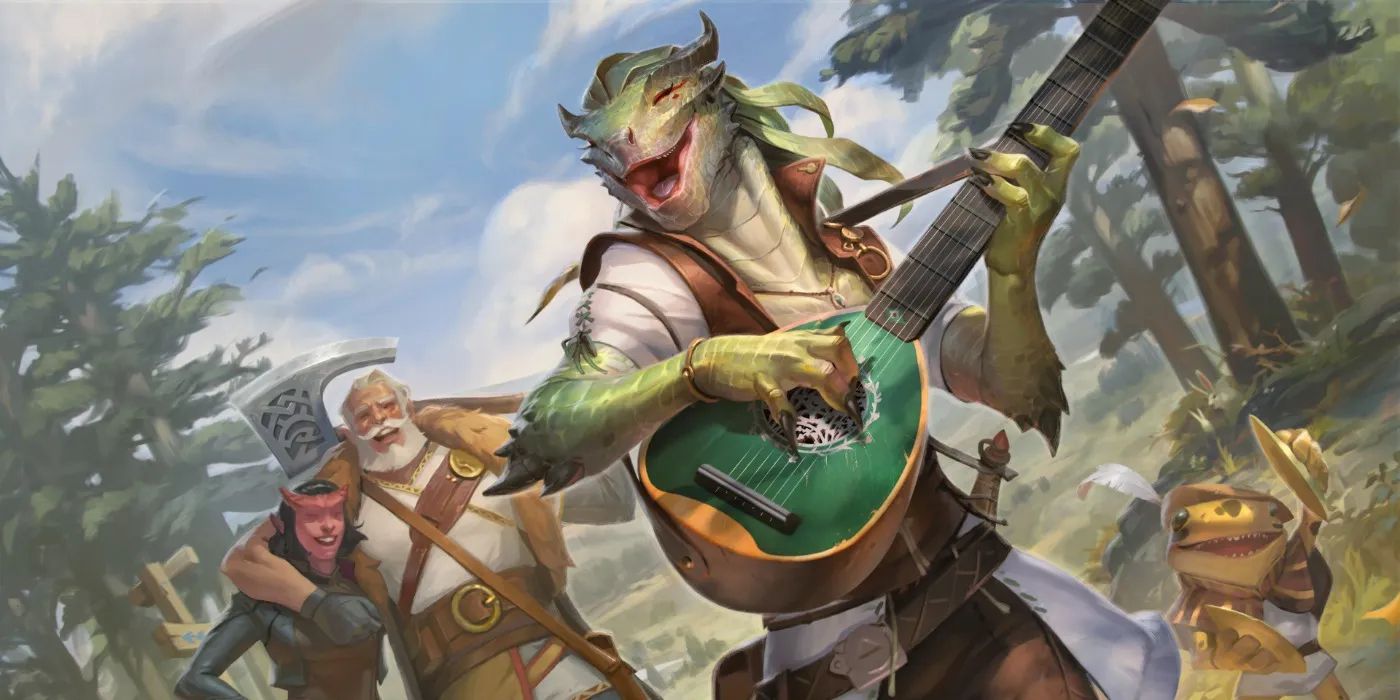 A Lizardfolk Bard playing a lute in Dungeons and Dragons