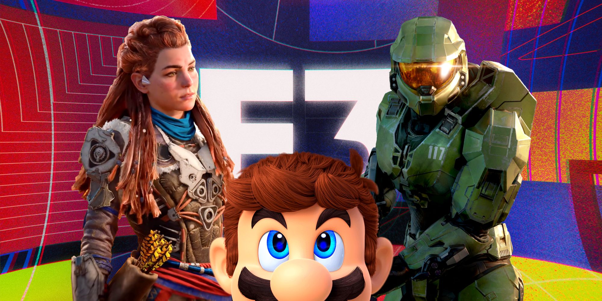 Aloy from PlayStation's Horizon franchise, Nintendo's Super Mario, and Halo's Master Chief in front of a bright white E3 logo on a multi-colored background.