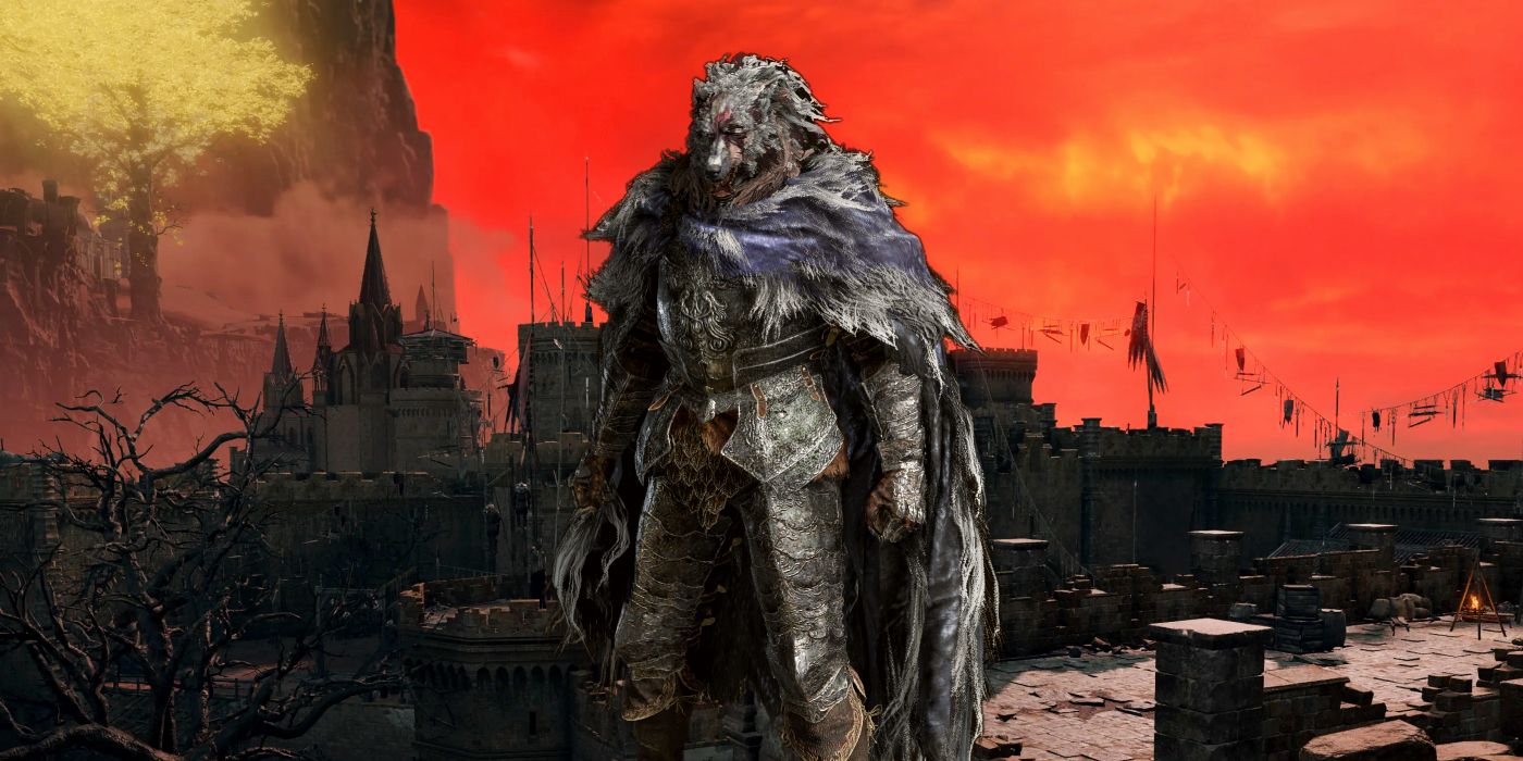 Blaidd, Elden Ring's half-man half-wolf character, standing in front of Castle Redmane, backed by Caelid's vibrant red sky and the golden leaves of a Minor Erdtree.