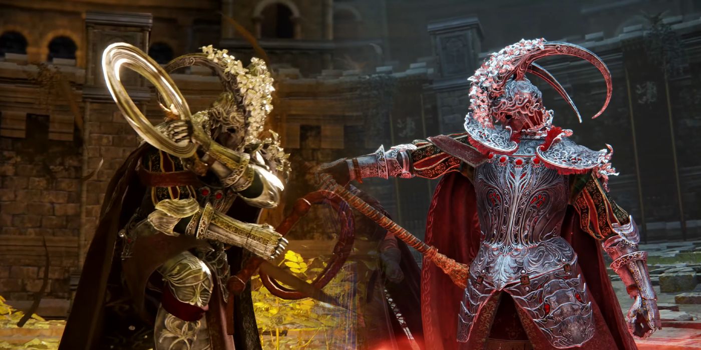 Two players in combat in Elden Ring's Colosseum update. One is wearing sharp silver armor inlaid with red stones and the other a more golden silver armor and carrying a gold disc weapon