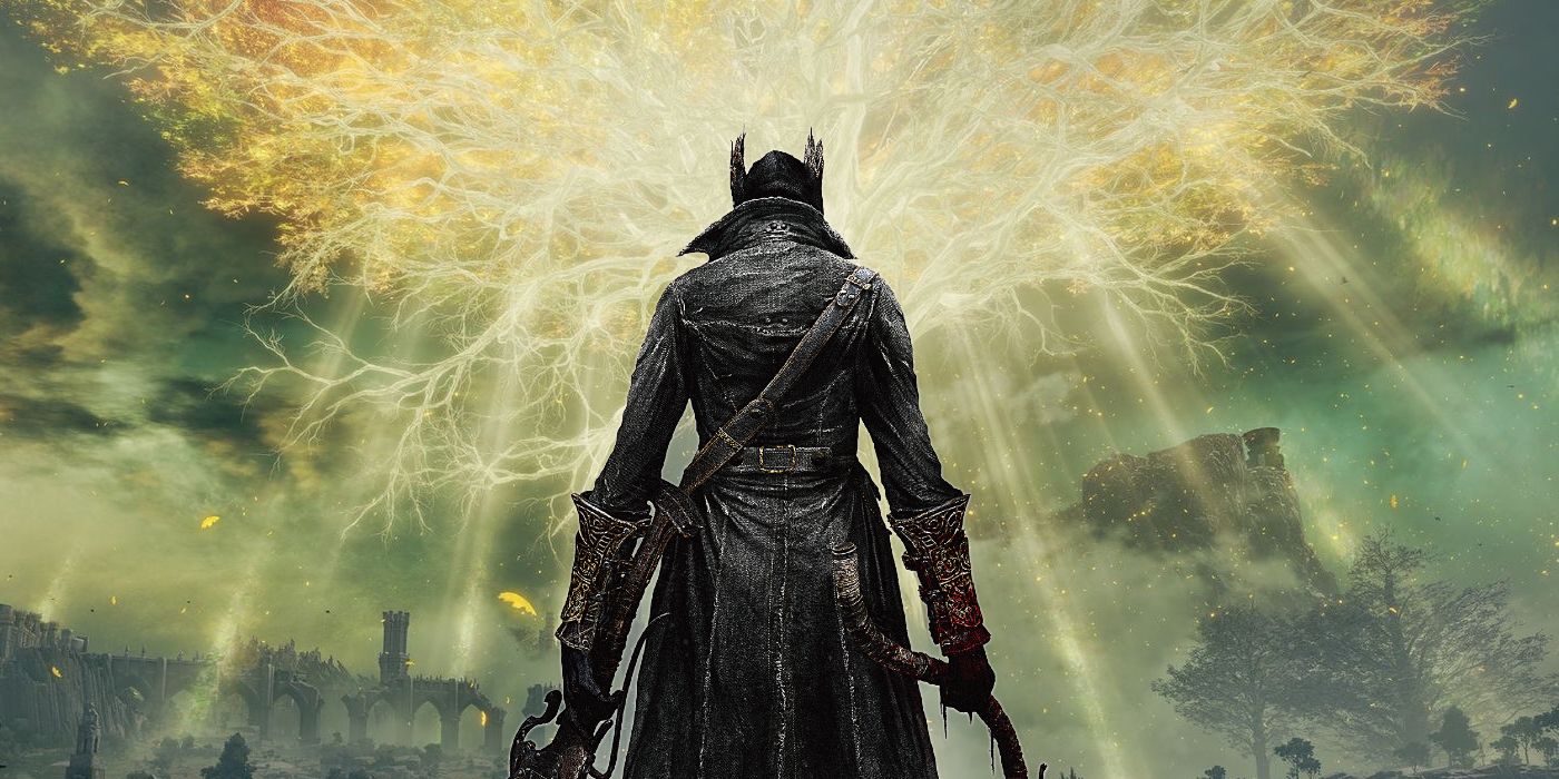Image of the default Hunter from Bloodborne's box art pasted in front of Elden Ring's Erdtree.