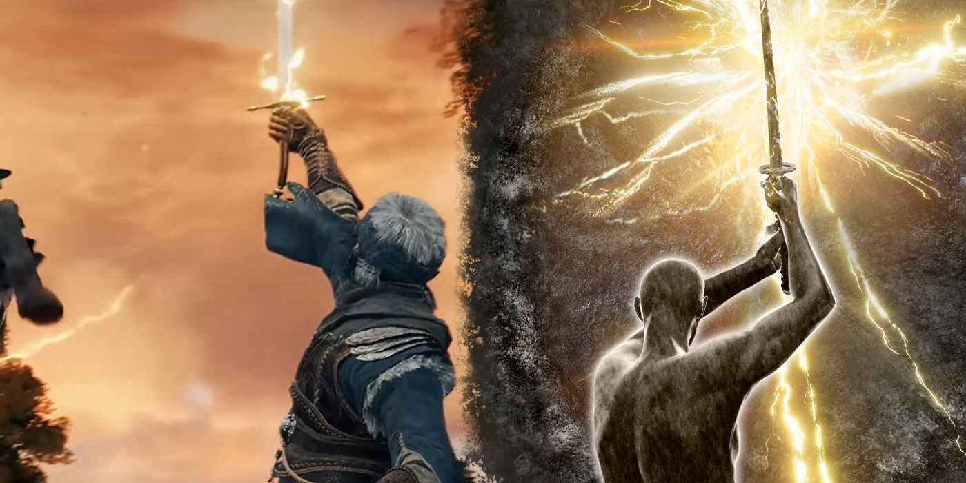 Image of a Warrior class Tarnsihed in Elden Ring wielding a lightning-imbued sword against the Tree Sentinel against an amber sky. To the right of the image, the art for the Lightning Strike Ashes of War, which depicts a silhouetted figure wielding a katana with lightning sparking off it.
