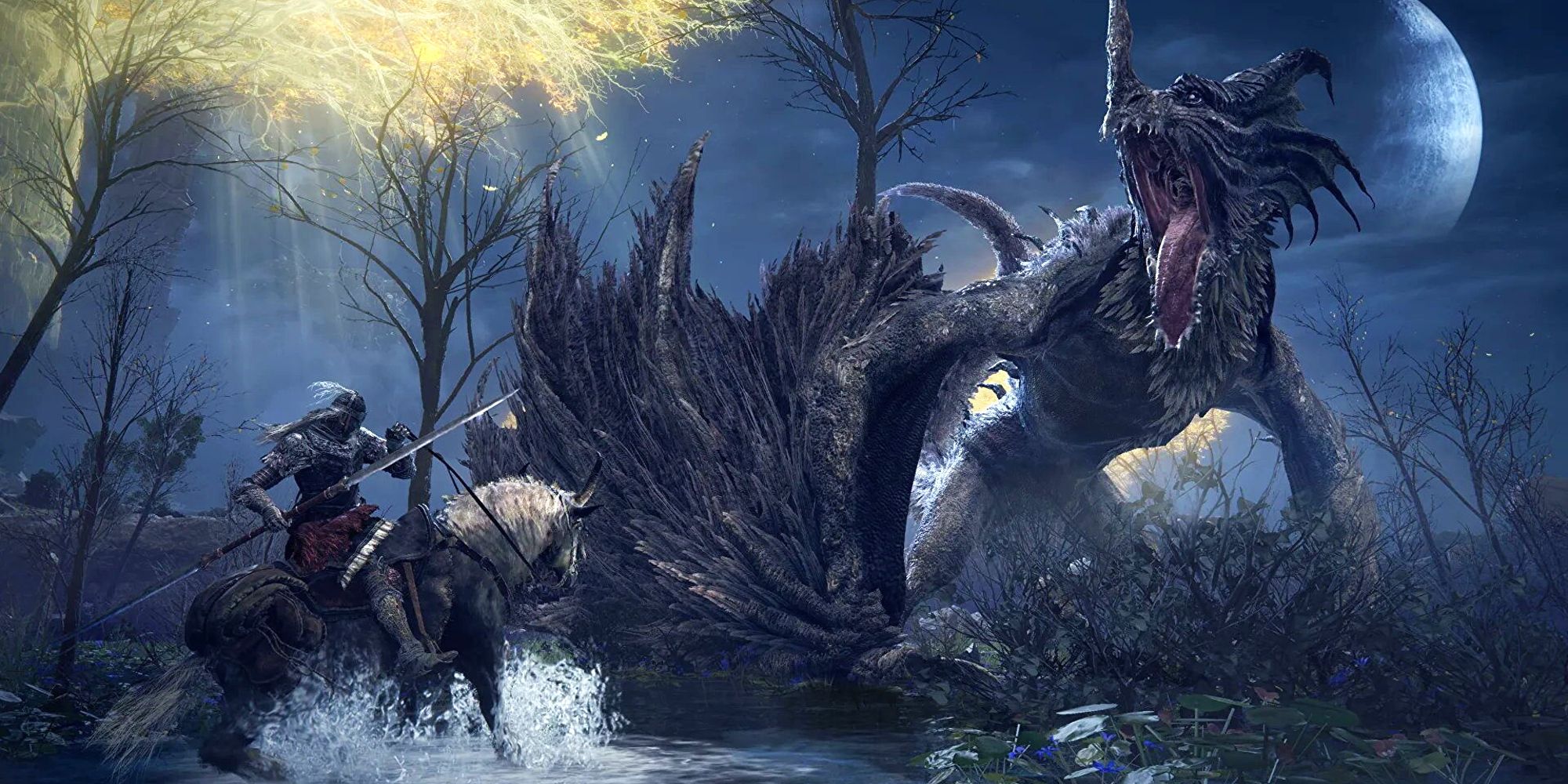 Arte promocional para Elden Ring mostrando o Tarnished no Torrent, empunhando uma lâmina dupla e enfrentando um dragão que ruge.  Uma lua crescente está no céu noturno e os galhos dourados da Erdtree brilham acima.