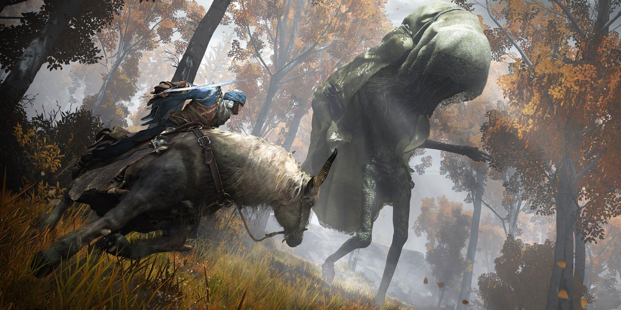 Um personagem Tarnished montando Torrent em torno de um enorme inimigo Wormface em uma floresta de outono.