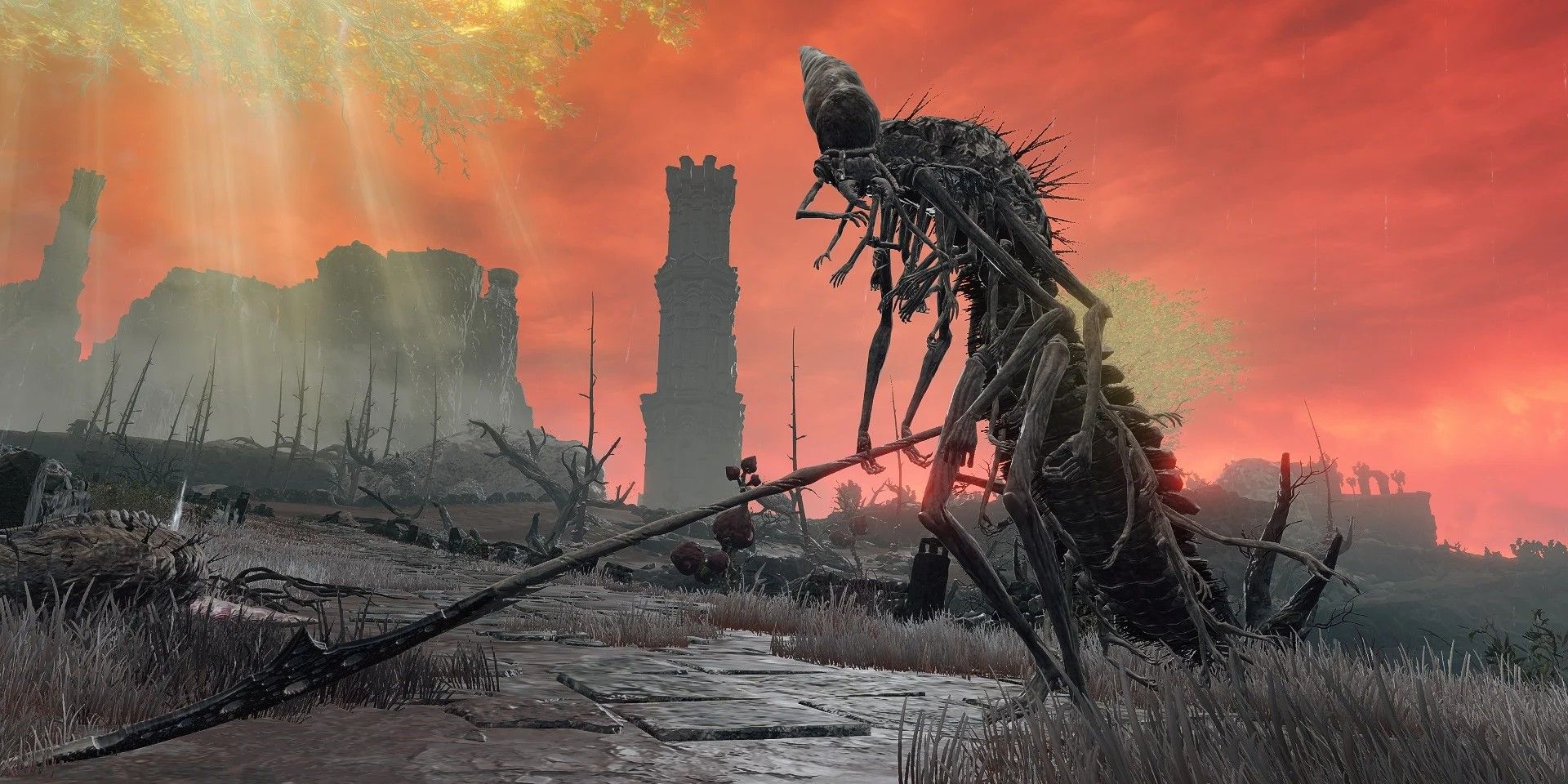 Elden Ring Pest, a humanoid centipede creature that's standing and holding a long sharp weapon with a sunset in the background.