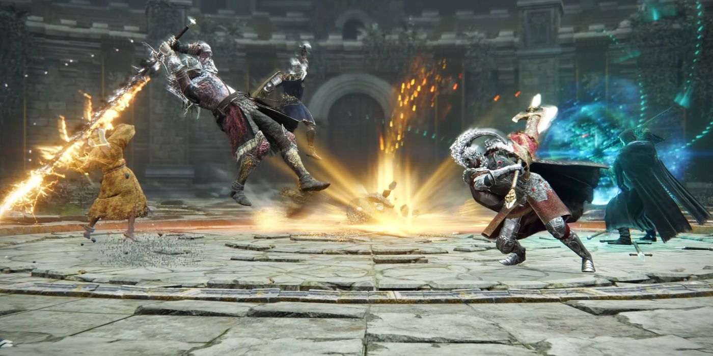 Four players engaging in PvP combat in Elden Ring's colosseum DLC.