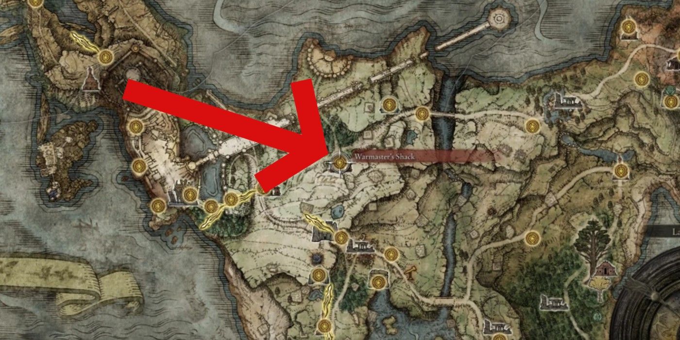 The Warmaster's Shack Location on Elden Ring's map highlighted with a red arrow