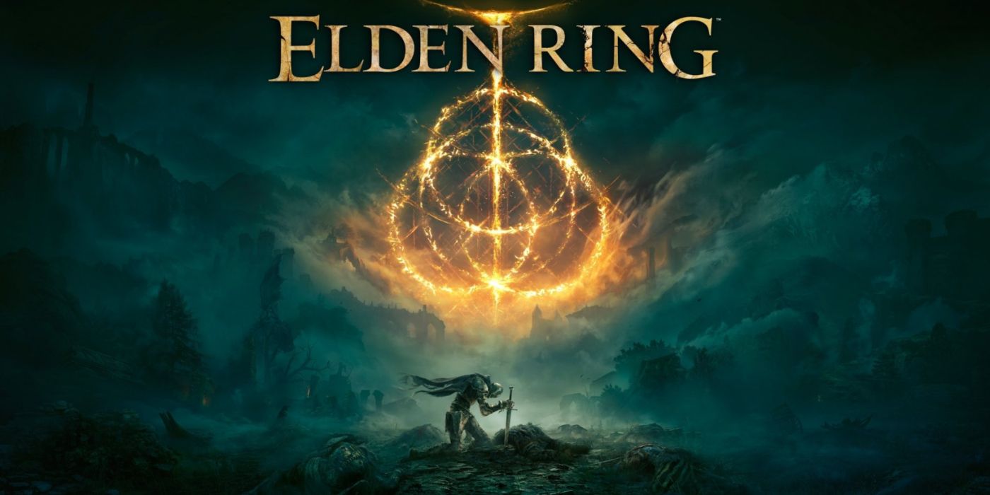 A Tarnished kneeling with his sword before the titular Elden Ring in key art.