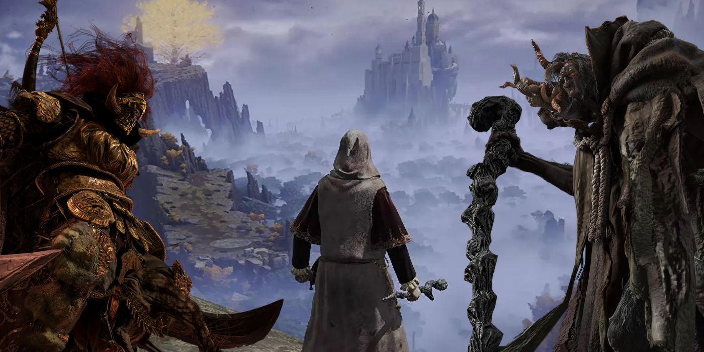 Image of Starscorge Radahn (left), Tarnished (middle), and Morgott (right) overlooking the Lands Between