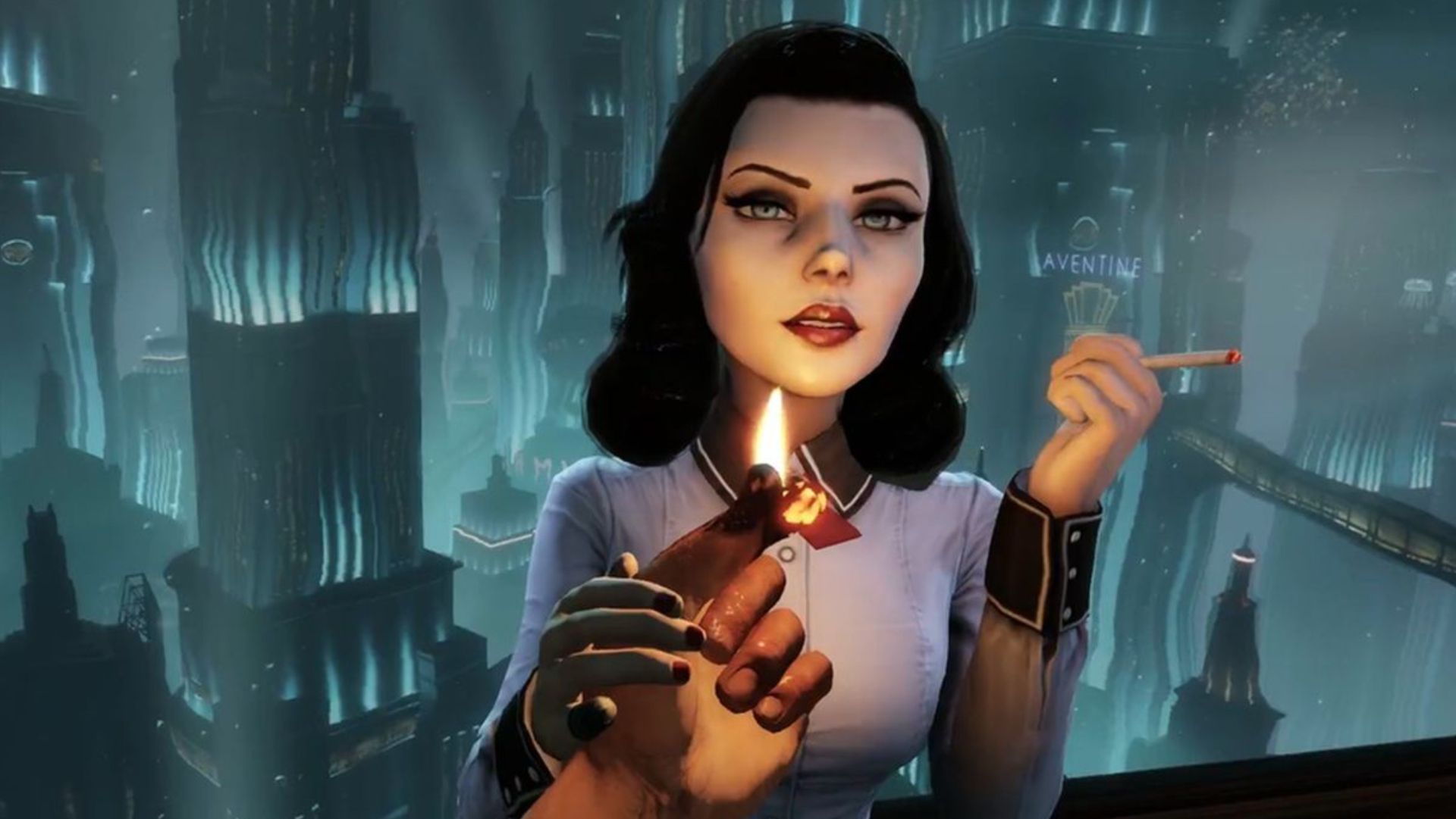 Elizabeth lighting her cigarette in BioShock Infinite.