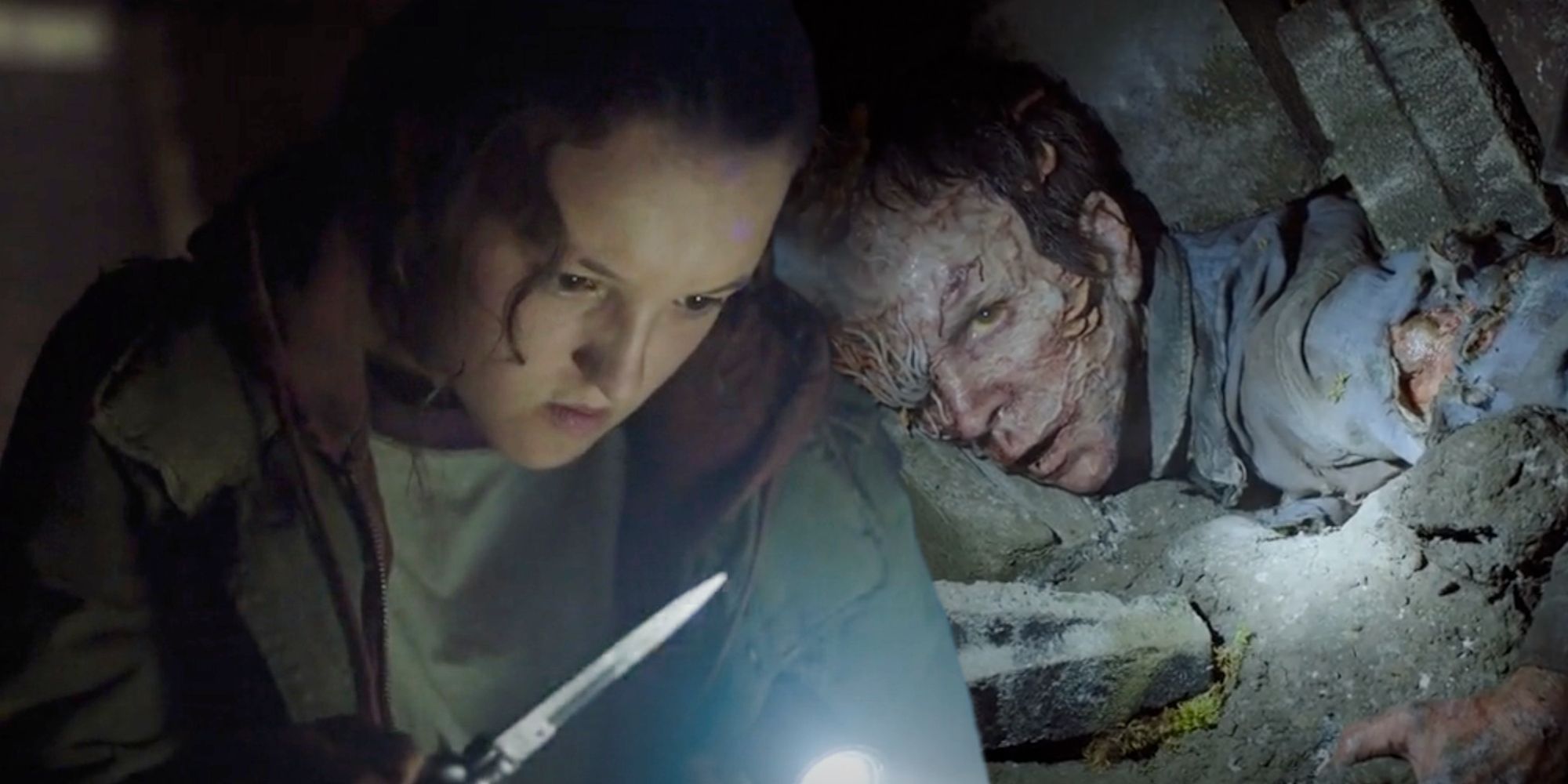 Ellie avec son couteau regardant les infectés piégés dans Last of Us Episode 3