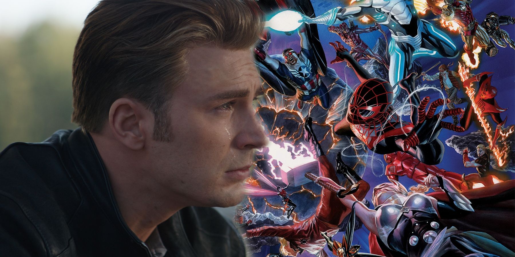 Split Image: Steve Rogers (Chris Evans) lets a sole tear slip down his cheek while mourning Natasha Romanoff in Avengers: Endgame; Comic book heroes including Falcon, Miles Morales, and Lady Thor battle during the Secret Invasion event