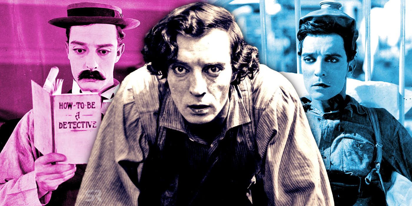 A collage photo showing Buster Keaton in three different movies