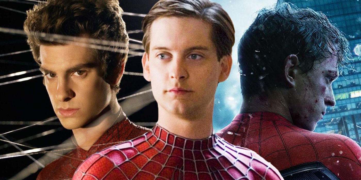Andrew Garfield (left); Toby Maguire (center); and Tom Holland (right); live-action versions of Peter Parker.
